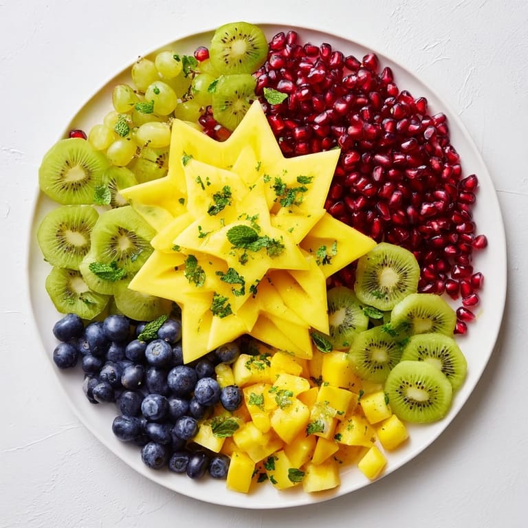 Brightly colored Pomegranate and Mint Star Fruit Platter, perfect for a fresh, healthy snack.