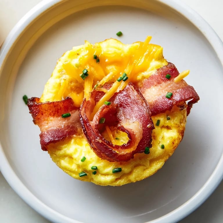 Fluffy baked Scrambled Egg Cups garnished with bacon, perfect for a quick, easy brunch.