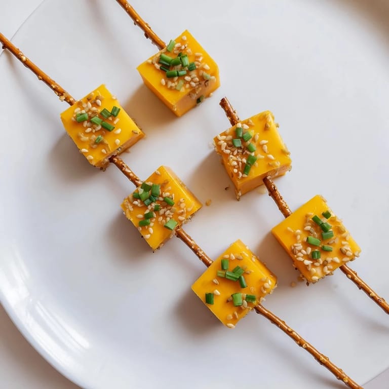 Golden cheddar cheese cubes and crispy pretzel stick sparklers create a savory, fun New Year’s snack.