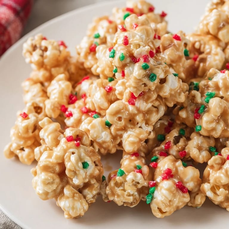 Golden, glistening popcorn is formed into tempting Popcorn Piles, vibrantly speckled with holiday sprinkles.