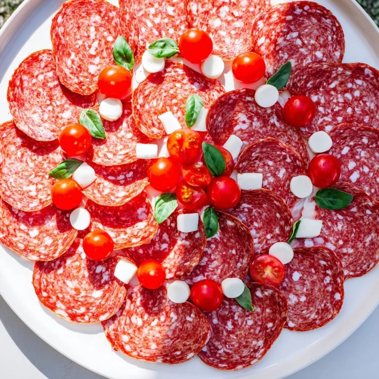 This savory Folded Salami Wreath displays a colorful arrangement of salami, ready to serve alongside crackers.