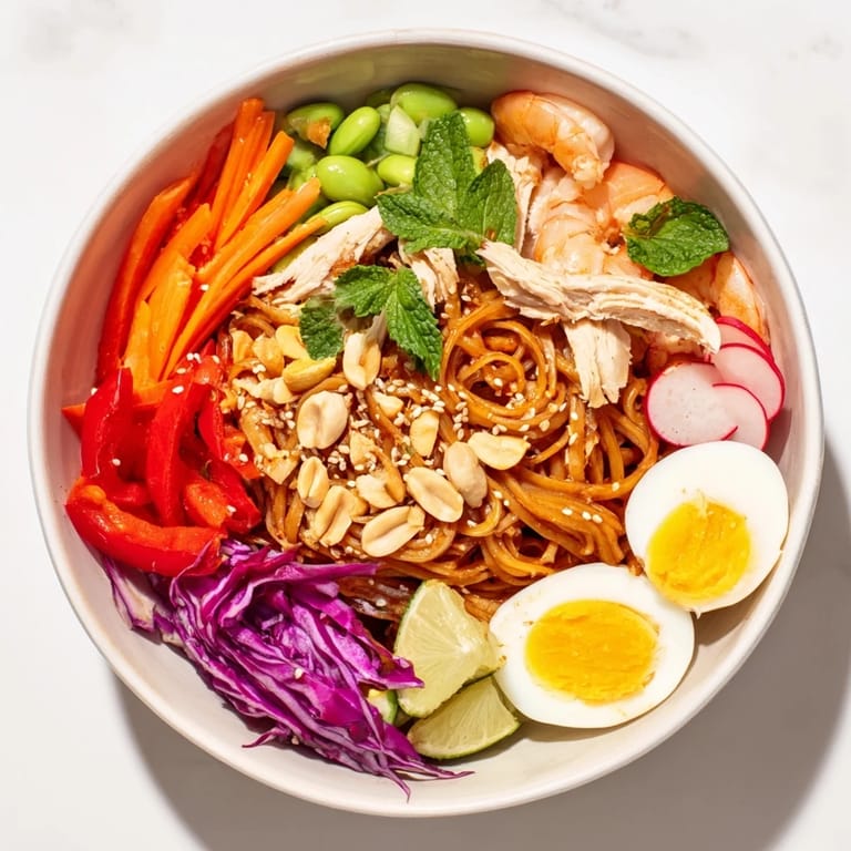Shareable Asian Fusion Noodle Bowl picture with perfectly cooked noodles, exciting flavors, and fresh herbs.