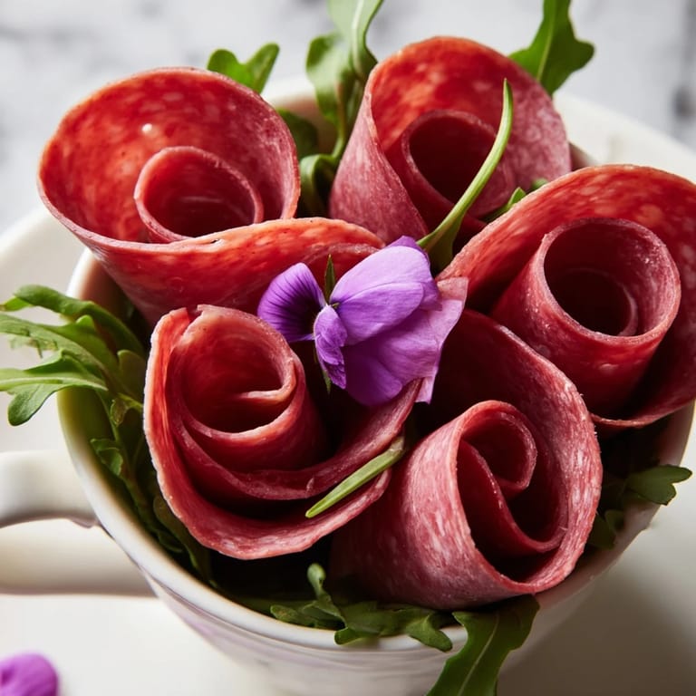 Garnished Victorian Tea Rose appetizer with edible flowers and basil, a unique presentation in white porcelain.