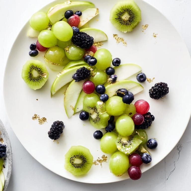 Visualize the vibrant Aurora Borealis Sweep: fresh fruit in green and purple waves, perfect for a party appetizer.