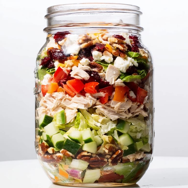 Image of a beautiful layered holiday chopped chicken salad jar, with colorful layers perfect for a festive meal.