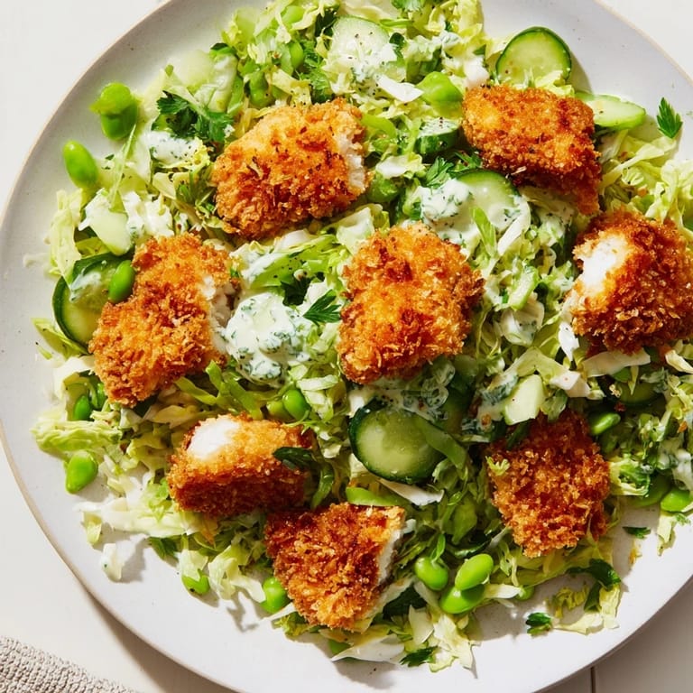 Creamy Green Goddess dressing coats a fresh salad, alongside crispy nuggets in this delicious Green Goddess.