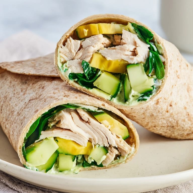 A close-up of a perfectly rolled Green Goddess Wellness Wrap, showing fresh, healthy ingredients inside.