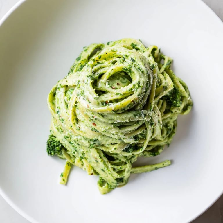 Bright green, creamy green goddess pasta, ready to eat with fresh parmesan garnish and herbs.