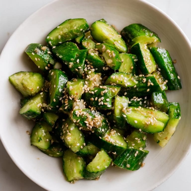 Close-up of a bright, simple Cucumber Shaker with visible cucumber, spring onion, and glistening sauce.