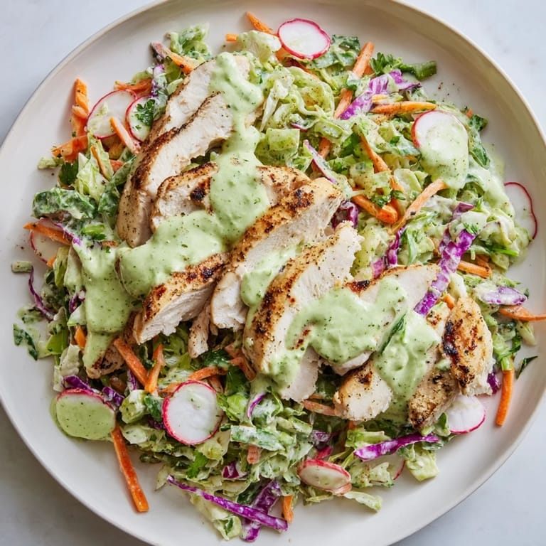Vivid green Green Goddess Cabbage Slaw, topped with tender grilled chicken slices for a summer meal.
