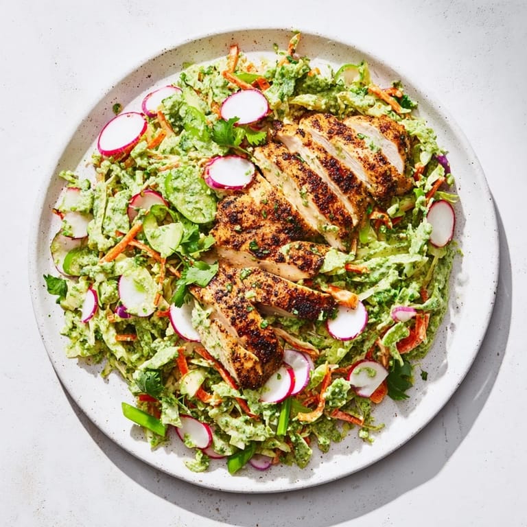 A fresh and colorful bowl of Green Goddess Cabbage Slaw with perfectly grilled chicken, delightful.