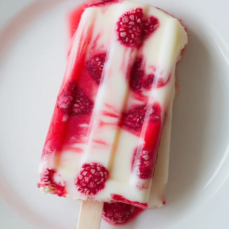 Homemade raspberry coconut ice pops, vibrant pink and white, ready to cool you down.
