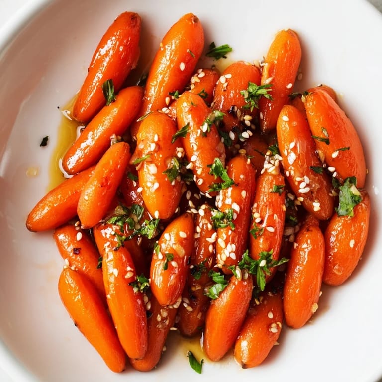 A vibrant picture of Honey Soy Roasted Carrots, a healthy side, glistening carrots after roasting to perfection.