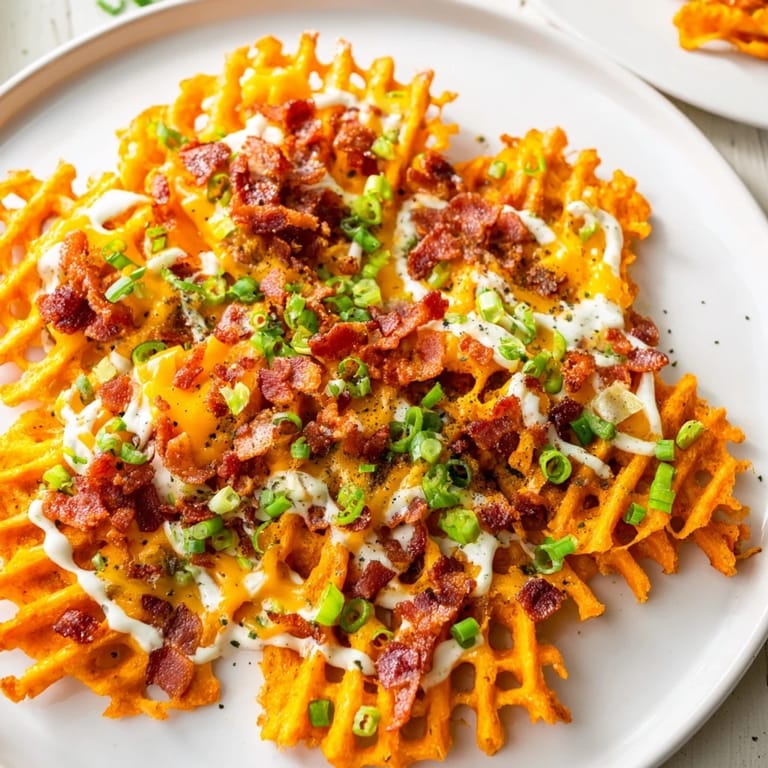A close-up of cheesy Loaded Sweet Potato Fries, dripping with ranch and sprinkled with green onions.