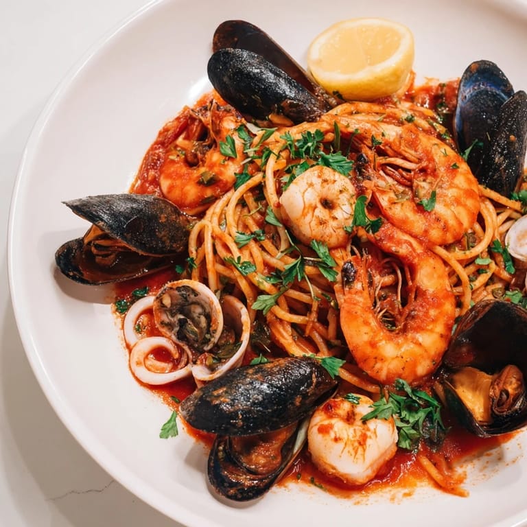 A close-up of seafood marinara pasta, the pasta glistening with a vibrant tomato sauce.