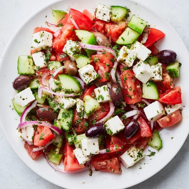 This colorful Mediterranean Salad, tossed with herbs and dressing, is perfect for summer.