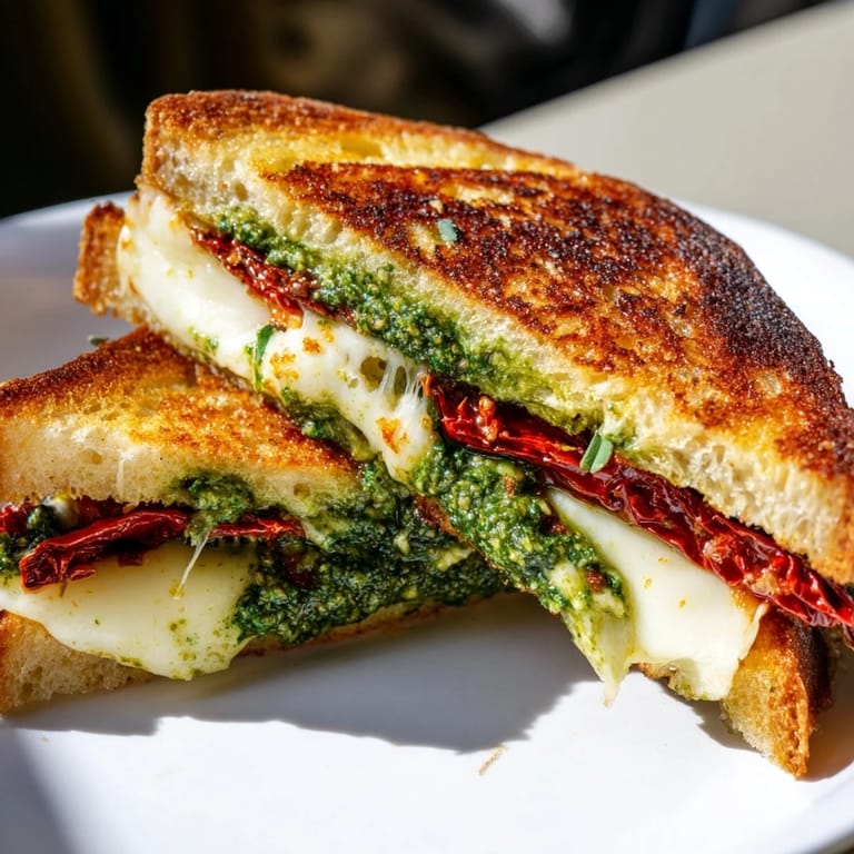 Deliciously warm Pesto Grilled Cheese sandwich cut open, ready to serve with a simple green salad.