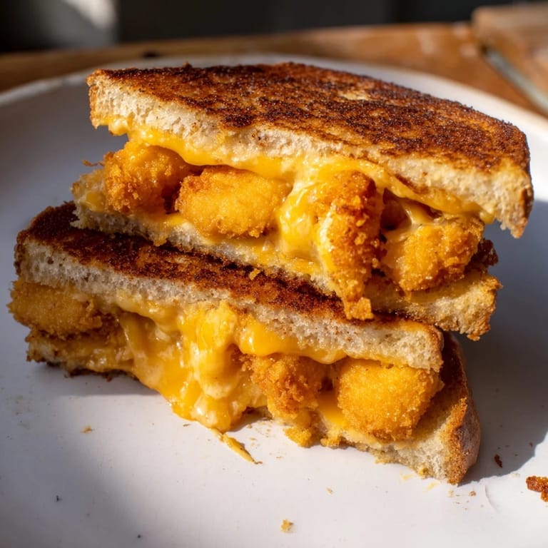 Golden, crispy Chicken Nugget Grilled Cheese sandwich halves, ready to serve with a dipping sauce.