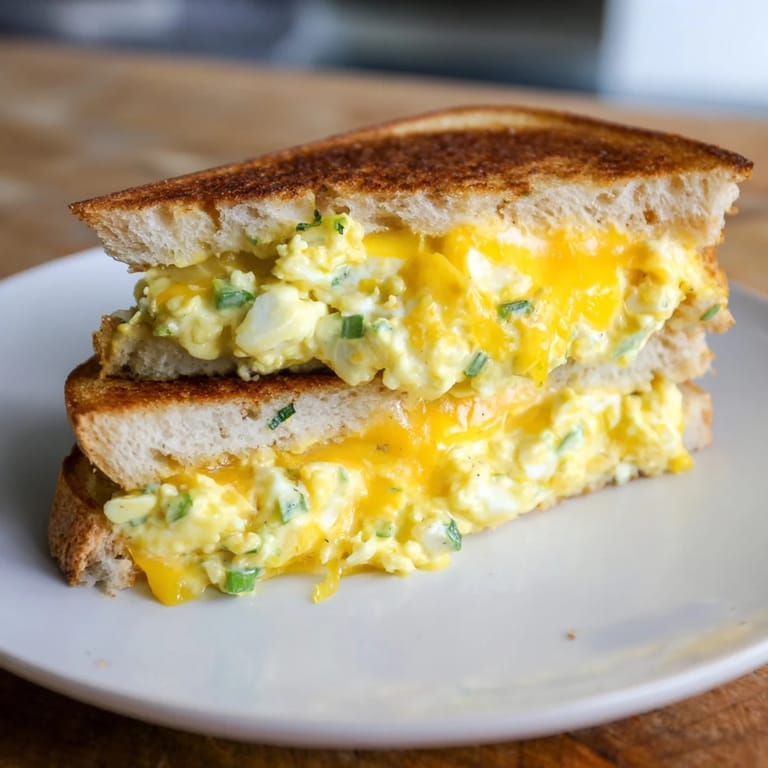 Imagine the perfectly toasted, golden-brown Egg Salad Grilled Cheese, ready for a delicious bite.