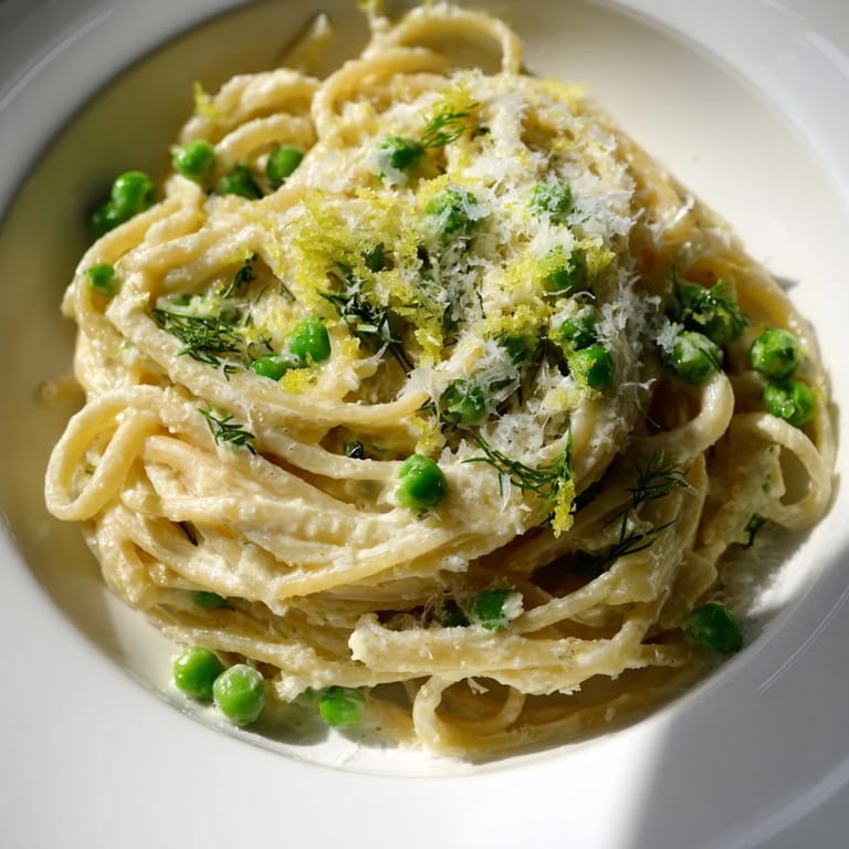 A plate of delicious Creamy Dill Pasta, a vegetarian delight with fresh herbs and a hint of lemon.