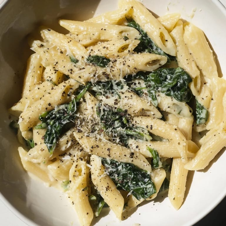 This photo features a steaming bowl of creamy spinach pasta, perfect for a cozy, delicious dinner.