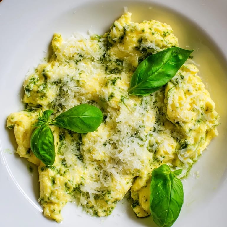 Imagine fluffy, scrambled pesto cottage cheese eggs, ready to enjoy with crusty toast.
