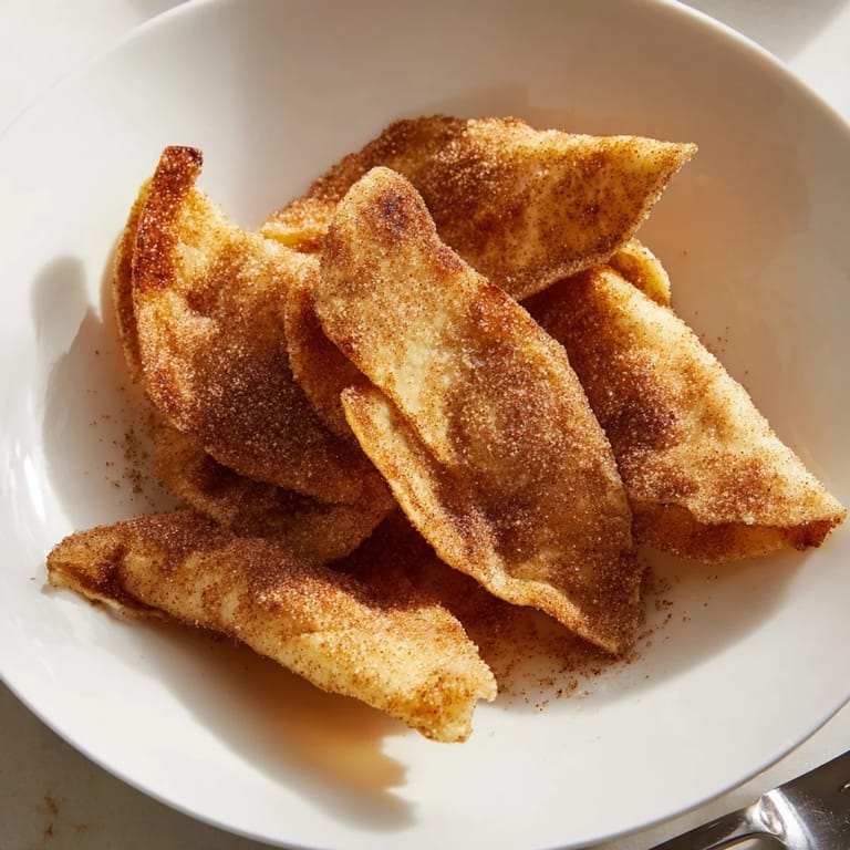 Warm, sugary cinnamon sugar tortilla chips, perfect for dipping and easy to make at home.