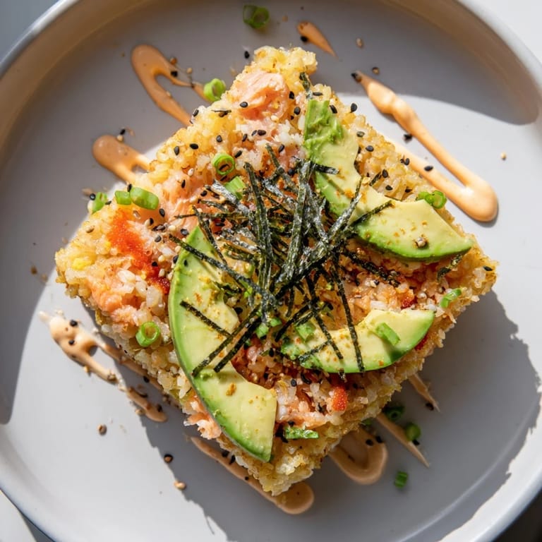 A visually appealing Crispy Rice Salmon Stack, showcasing layers of salmon and creamy avocado.