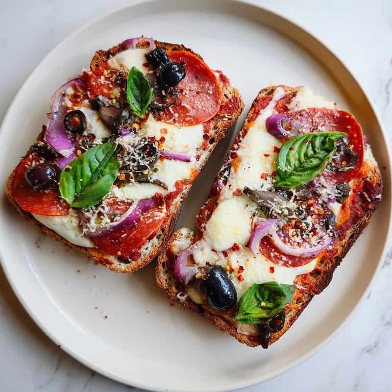 Perfectly broiled Pizza Toast 2.0 boasts layers of melted cheese and flavorful toppings, ready to enjoy.