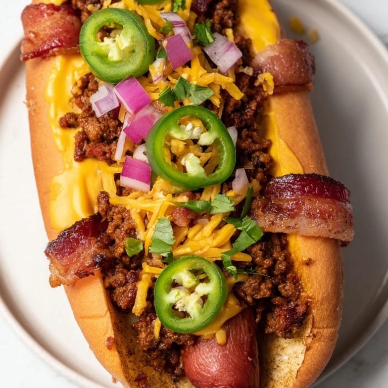 A close-up of Mexican Hot Dogs, showcasing sizzling bacon and spicy jalapeño toppings.