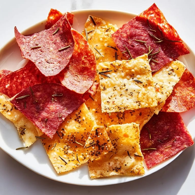 Golden, baked charcuterie chips piled high, creating a delightful, low-carb snack experience.