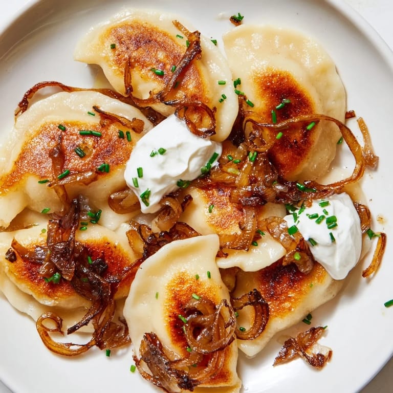 A close-up of savory Polish pierogi, filled with potatoes and cheese, ready to eat alongside toppings.