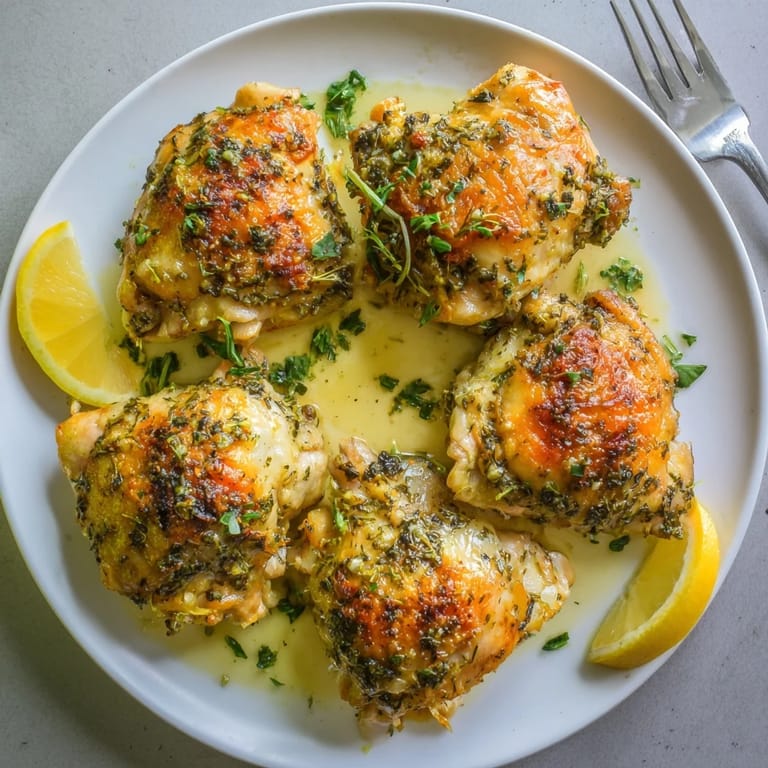 Golden roasted garlic butter chicken thighs resting in a skillet, their skin crisp and meat tender for dinner.