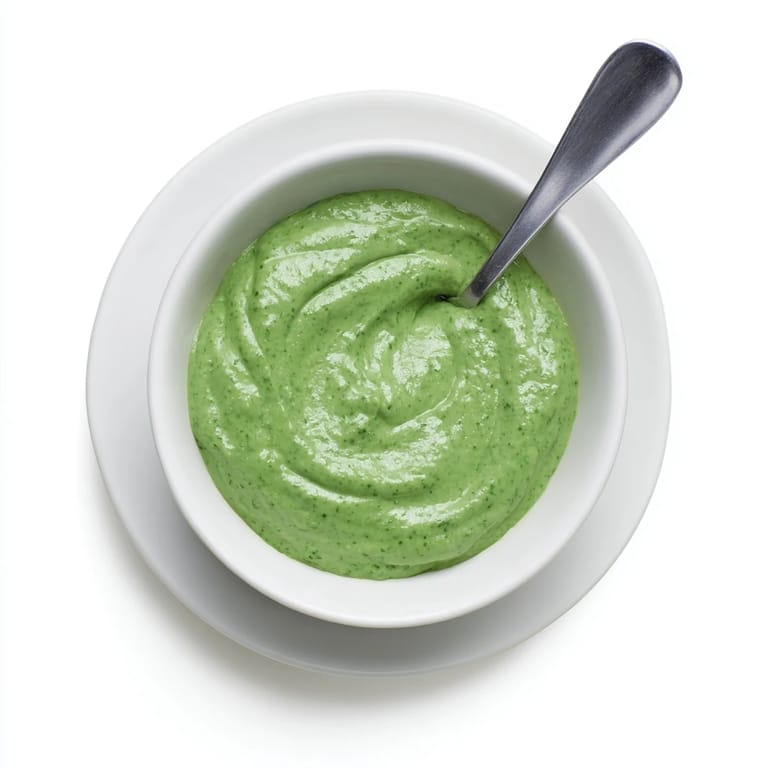 A jar of bright green goddess dressing on a rustic wooden table, with fresh parsley, chives, and tarragon nearby.