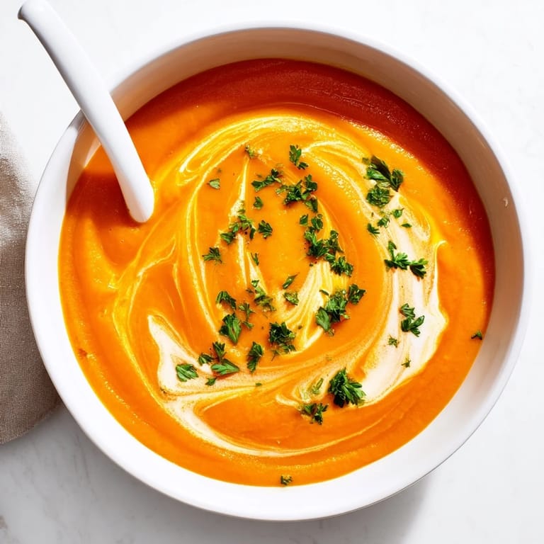 Golden roasted carrots blend into a smooth, creamy soup topped with chives.