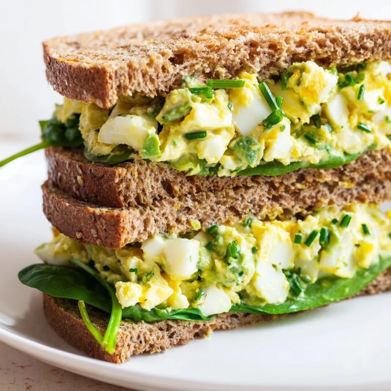 Healthy avocado egg salad sandwich with creamy texture, served on whole grain bread with a hint of Dijon mustard.