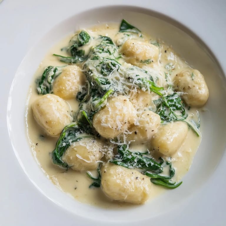 Restaurant-worthy creamy garlic gnocchi plated with a crack of black pepper and extra Parmesan.