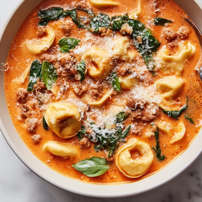 A comforting bowl of Tuscan Tortellini Soup garnished with grated Parmesan, served alongside crusty bread for dipping into the luscious broth.