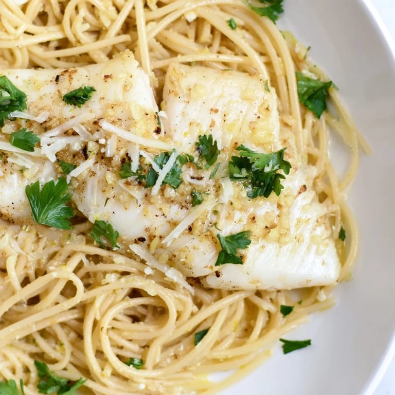 A close-up of the dish shows garlic-infused sauce clinging to al dente pasta noodles.