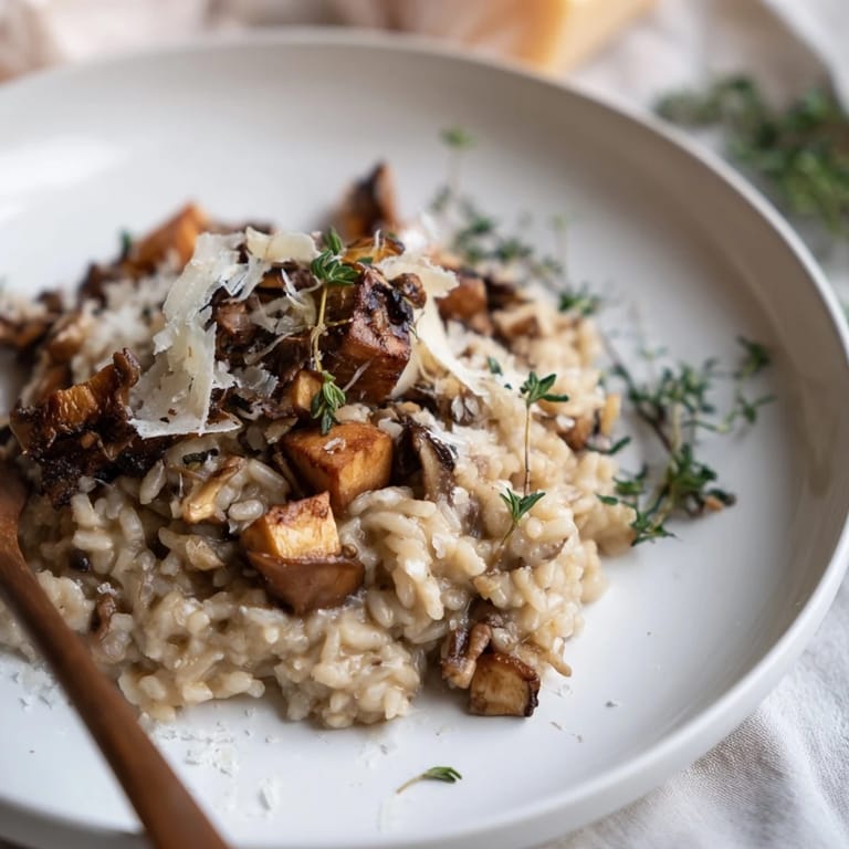 Hearty roasted mushroom risotto topped with extra Parmesan, paired with a glass of crisp white wine.