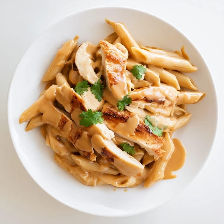 Close-up of a plate of Honey Chipotle Chicken Pasta, highlighting the rich, creamy sauce and fresh cilantro topping.
