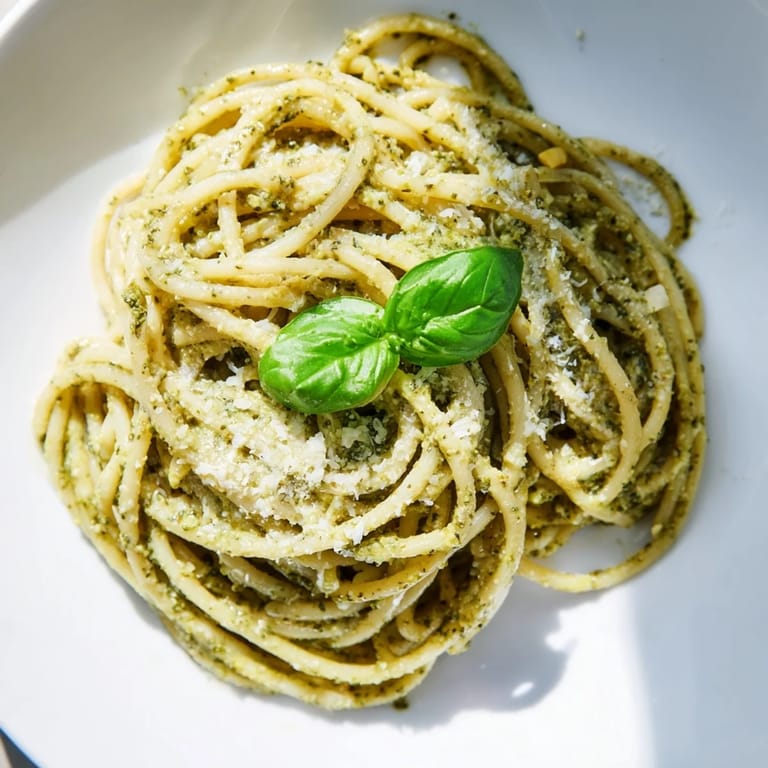 Serve Creamy Sunflower Seed Pesto Pasta warm, garnished with extra Parmesan and a lemon wedge for a bright finish.