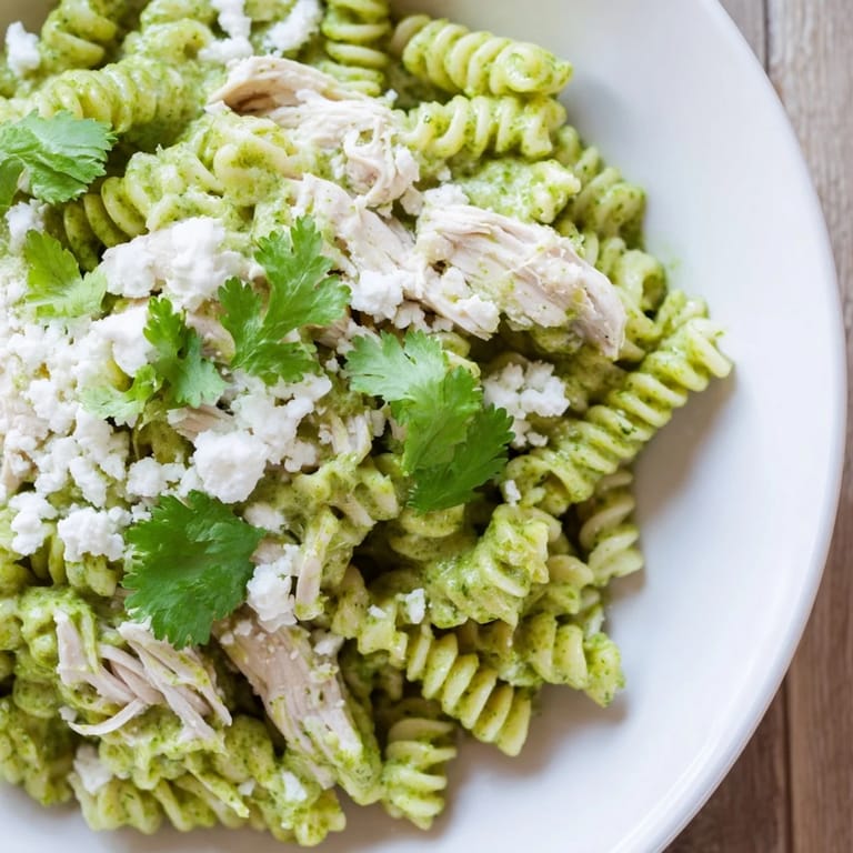 Tossing al dente rotini with tender shredded chicken in a bright cilantro-lime yogurt sauce, topped with crumbled cotija.