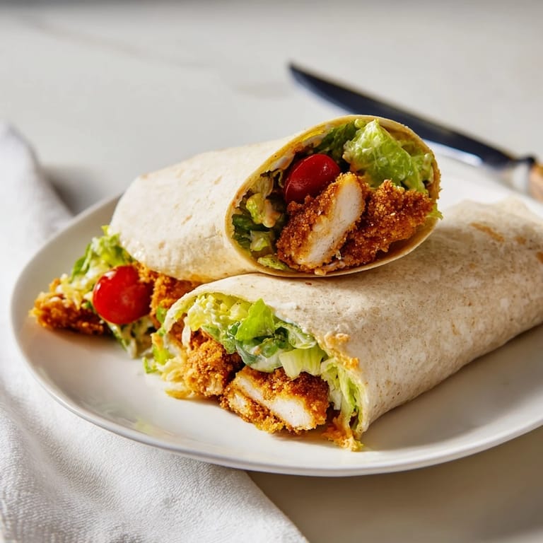 Hot honey chicken caesar wrap sliced in half, revealing creamy Caesar dressing, crisp romaine lettuce, and juicy chicken inside.