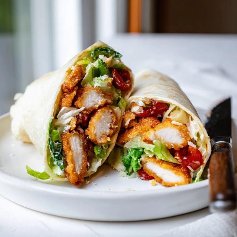 Freshly assembled hot honey chicken caesar wrap garnished with extra Parmesan and croutons, ready for a satisfying handheld lunch.