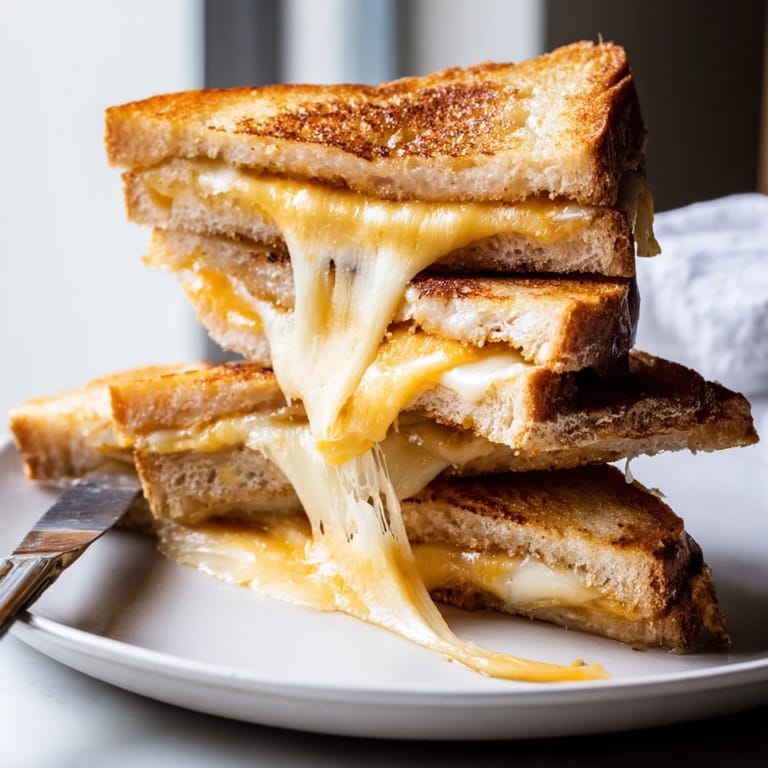 Close-up of Triple Cheese Sourdough Grilled Cheese cut in half, revealing layers of gooey, three-cheese filling.