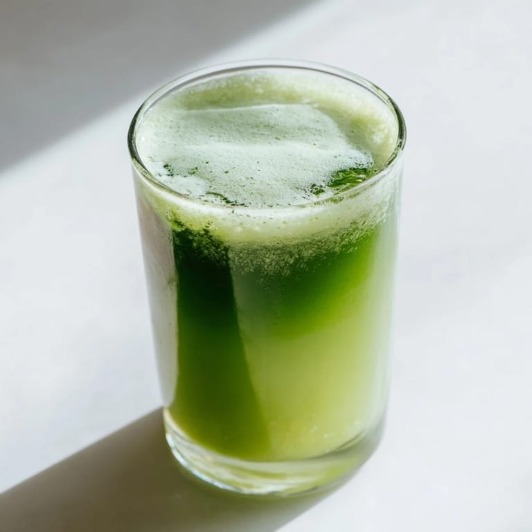 Bright green Cabbage and Kale Detox Juice served over ice, with celery stalks and apple slices nearby for a fresh presentation.