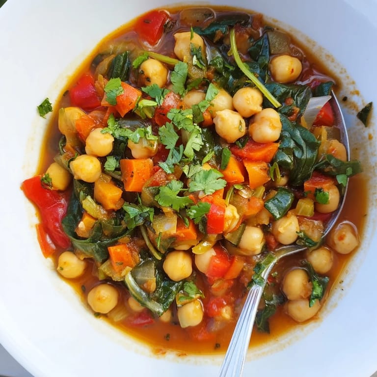 Close-up of Spicy Chickpea Stew in a rustic pot, featuring tender chickpeas and wilted spinach in a rich tomato broth.