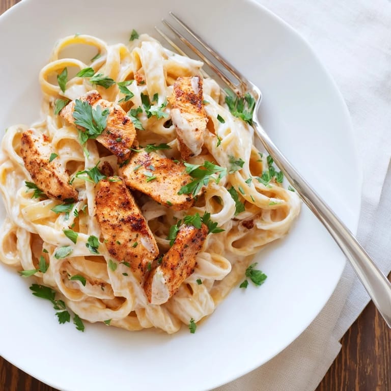 A close-up of Cajun Chicken Alfredo reveals tender chicken, creamy sauce clinging to pasta, and a sprinkle of fresh parsley.