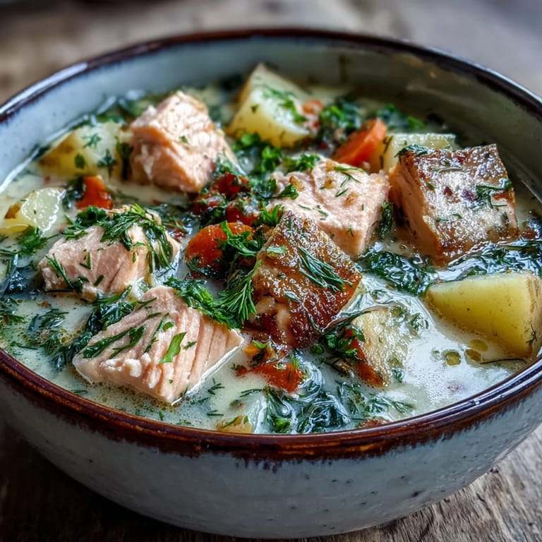 Homemade Finnish Salmon Soup garnished with fresh dill, paired with rye bread on the side.